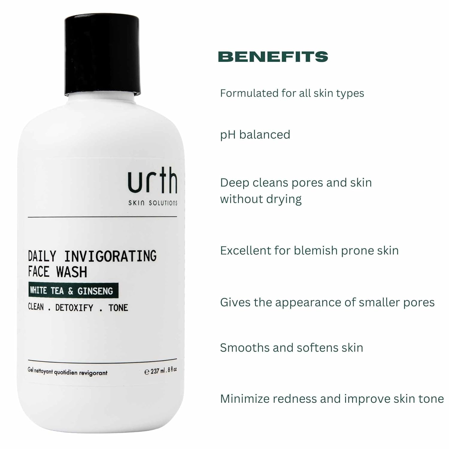 Urth Face Wash with White Tea & Ginseng Invigorating Daily Cleanser 8Oz