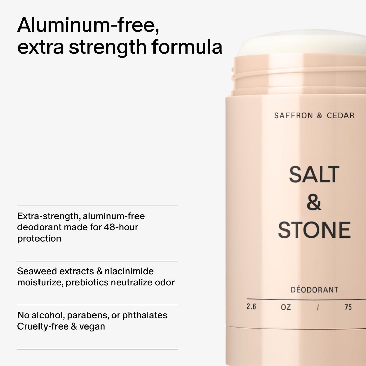 Salt & Stone Aluminum Free Deodorant | Extra Strength 48 Hour Protection for Women & Men | Made with Seaweed Extracts, Shea Butter & Prebiotics (Saffron & Cedar)