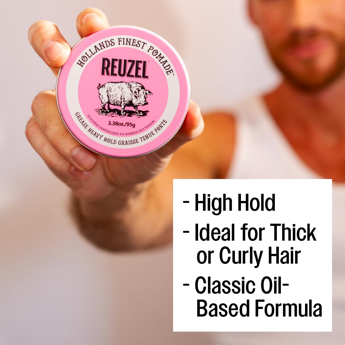 Reuzel Pink Grease Pomade, Strong All Day Hold, Oil-Based Styling Wax, Medium Shine and Flake Free, Easy to Wash Out, for All Hair Types, 1.3 Oz