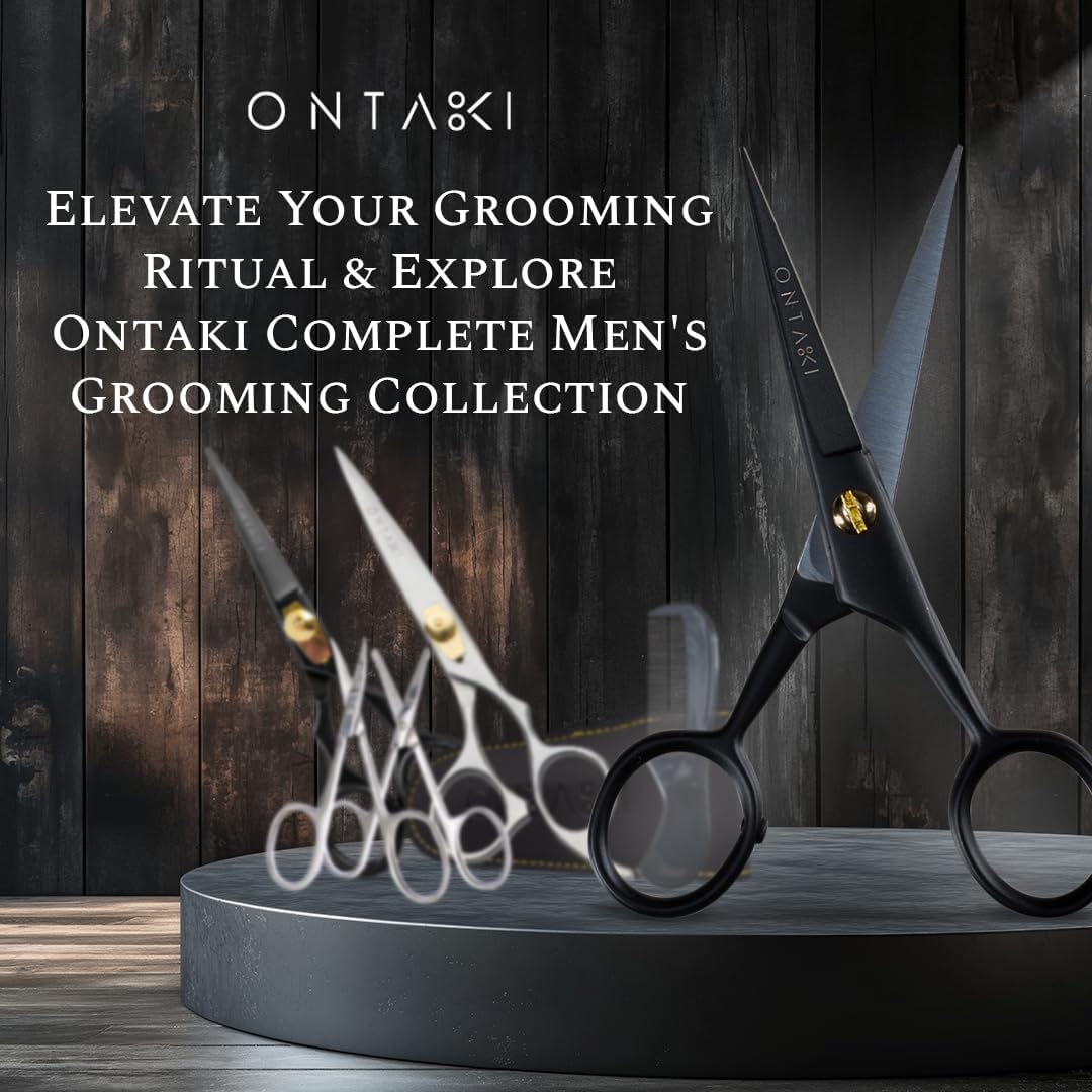 Ontaki 5" Professional German Beard & Mustache Scissors with 2 Comb & Carrying Pouch for Men - Bevel Edge for Precision - Facial Hair Grooming Kit All Body Hair - Black - Beard Trimming Scissors