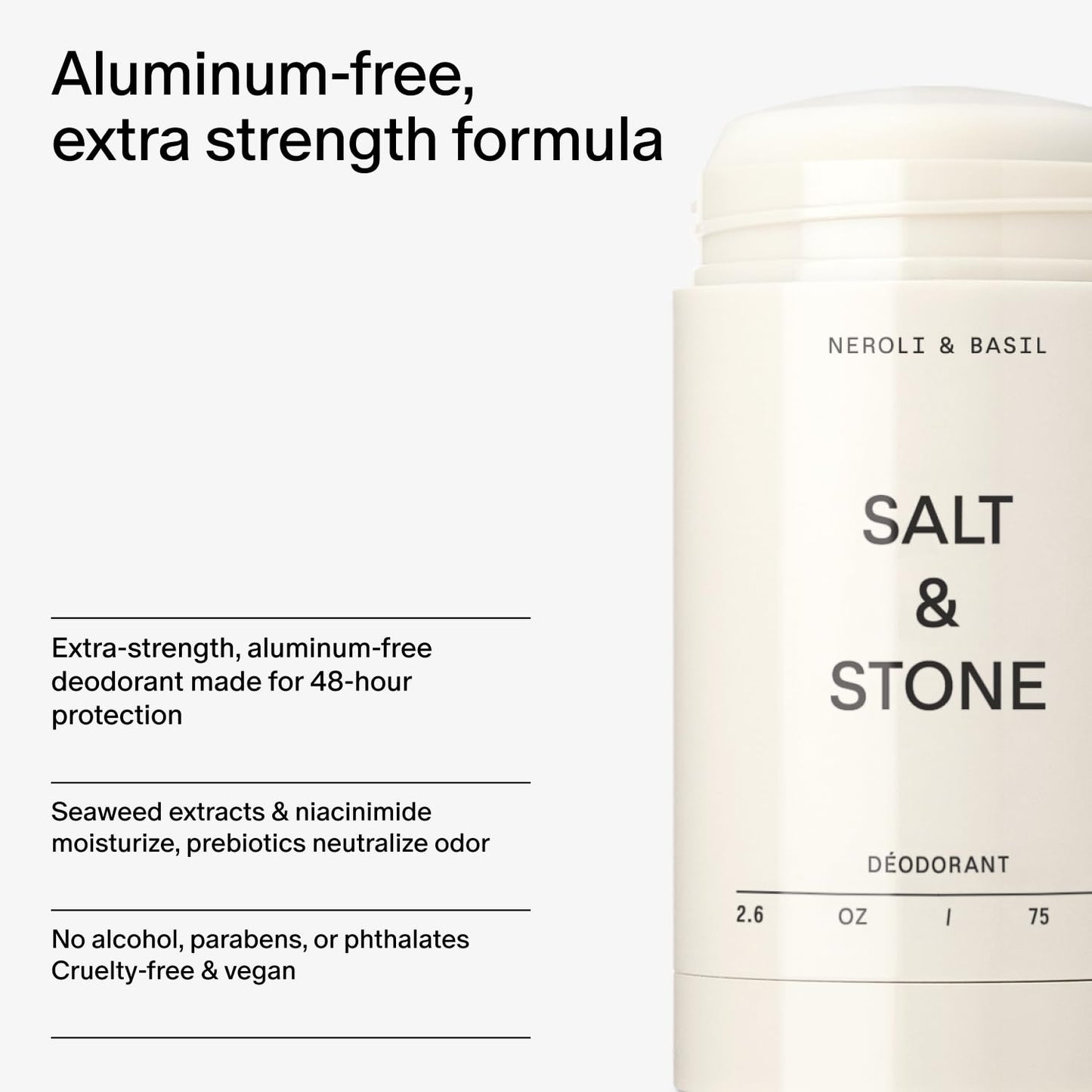 Salt & Stone Aluminum Free Deodorant | Extra Strength 48 Hour Protection for Women & Men | Made with Seaweed Extracts, Shea Butter & Prebiotics (Neroli & Basil)