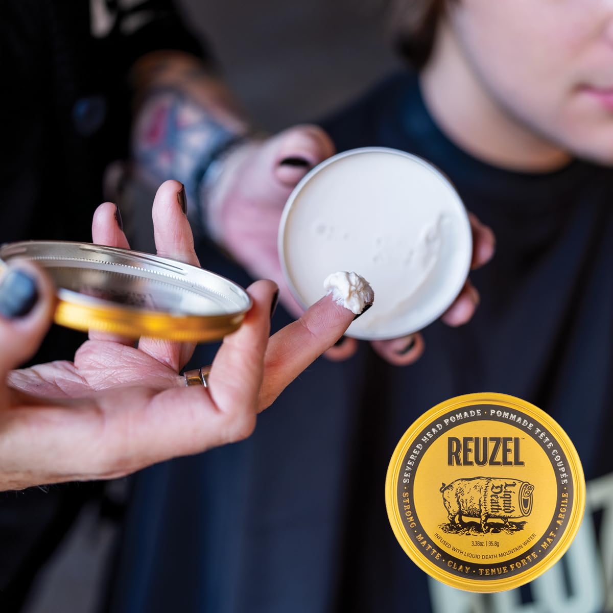 Reuzel and Liquid Death Severed Head Matte Clay Pomade, Strong All Day Hold, Water Soluble, Matte Finish and Non-Greasy Formula, Easy to Wash Out, for All Hair Types, 3.38 Oz