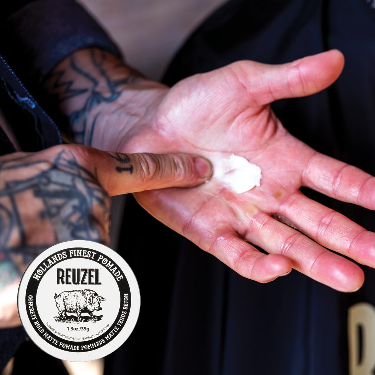 REUZEL Concrete Matte Pomade, Strong All Day Hold, Water Soluble Styling, Matte Finish and Flake Free, Easy to Wash Out, for All Hair Types