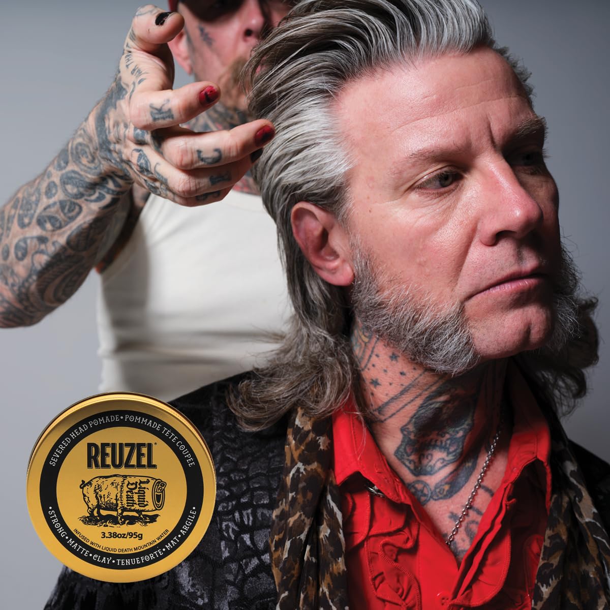 Reuzel and Liquid Death Severed Head Matte Clay Pomade, Strong All Day Hold, Water Soluble, Matte Finish and Non-Greasy Formula, Easy to Wash Out, for All Hair Types, 3.38 Oz