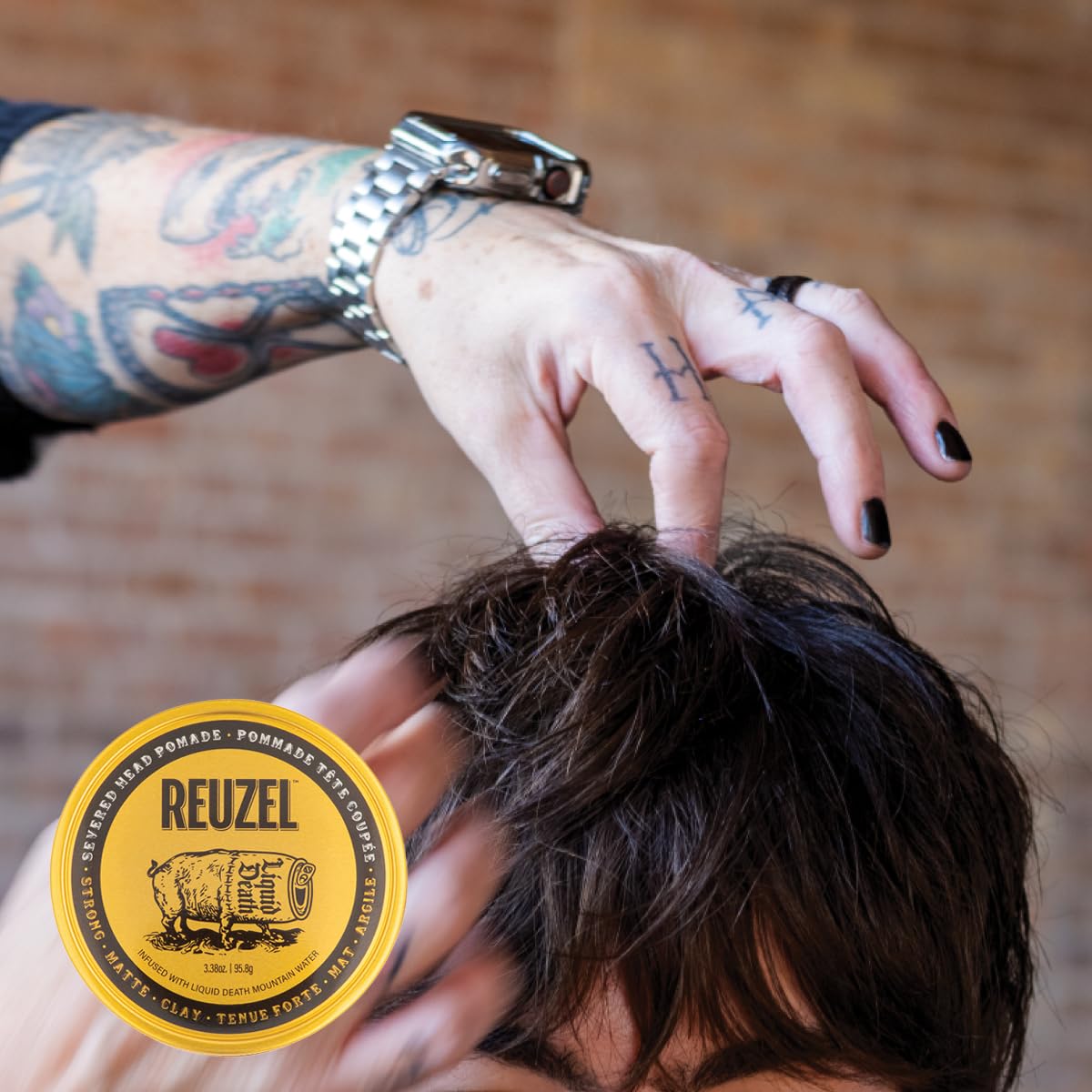 Reuzel and Liquid Death Severed Head Matte Clay Pomade, Strong All Day Hold, Water Soluble, Matte Finish and Non-Greasy Formula, Easy to Wash Out, for All Hair Types, 3.38 Oz