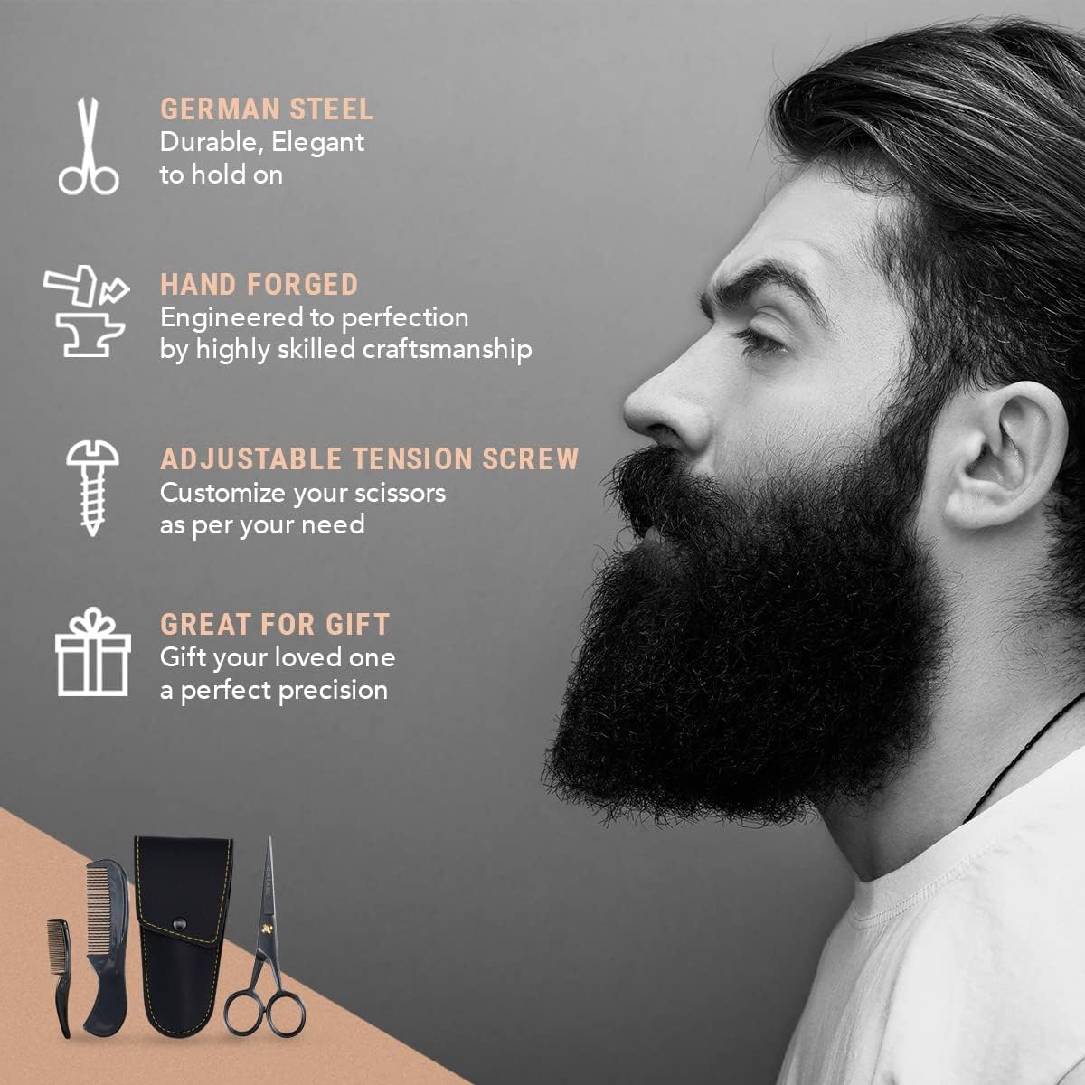 Ontaki 5" Professional German Beard & Mustache Scissors with 2 Comb & Carrying Pouch for Men - Bevel Edge for Precision - Facial Hair Grooming Kit All Body Hair - Black - Beard Trimming Scissors