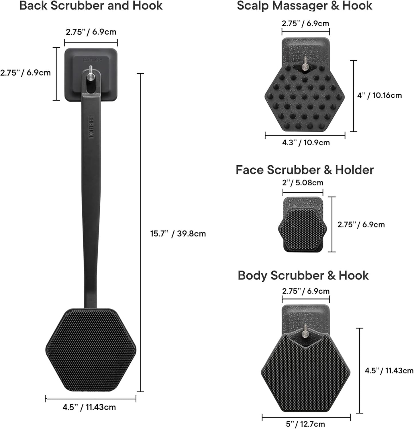Tooletries the Scrub King - Men'S Silicone Body and Face Scrubber Set - Back Scrubber for Shower, Body Scrubbers, Storage Hooks, & Face Brush Holder - Shower Accessories for Men - Charcoal