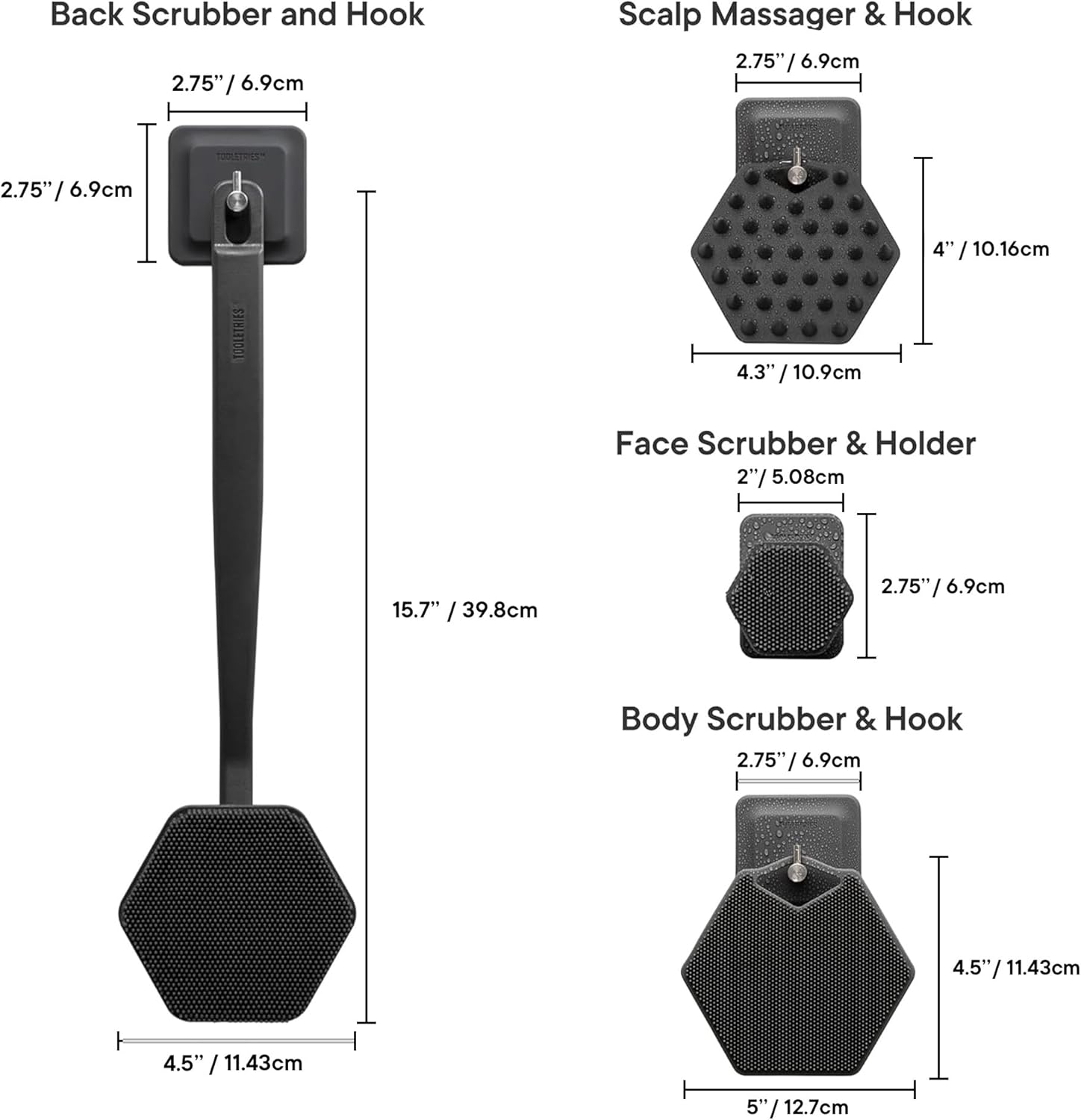 Tooletries the Scrub King - Men'S Silicone Body and Face Scrubber Set - Back Scrubber for Shower, Body Scrubbers, Storage Hooks, & Face Brush Holder - Shower Accessories for Men - Charcoal