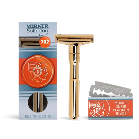 FUTUR 702 Adjustable Double Edge Safety Razor - Bright Gold, Adjustable Razor with Dial, Made in Germany, Plastic-Free, Snap-On Cap Design, Straight Bar