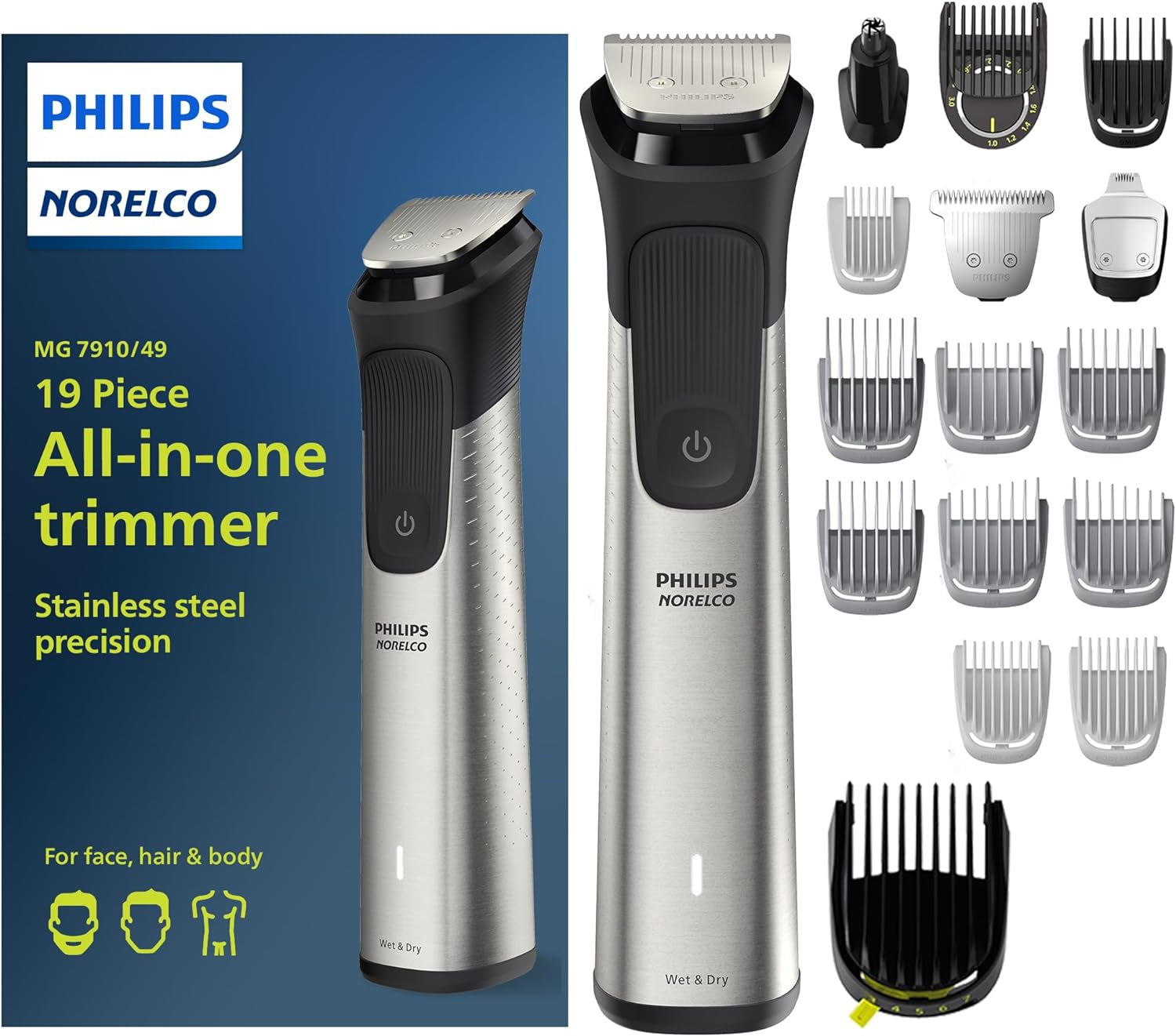 Norelco Philips Multigroom 7000 Series, All-In-One Trimmer, Beard Trimmer and Hair Clipper, 19-Piece Men'S Grooming Kit for Beard, Head, Hair, Body, and Face, Soft Pouch, MG7910/49