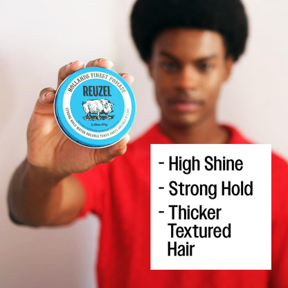 Reuzel Blue Pomade, Strong All Day Hold, Water Soluble Styling, High Shine and Flake Free, Easy to Wash Out, for All Hairstyles