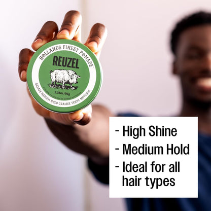 Reuzel Green Grease Pomade, Medium All Day Hold, Oil-Based Styling Wax, Medium Shine and Flake Free, Easy to Wash Out, for All Hair Types, 1.3 Oz