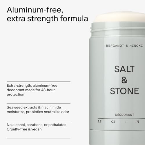 Salt & Stone Deodorant | Extra Strength Natural Deodorant for Women & Men | Aluminum Free with Seaweed Extracts, Shea Butter & Probiotics (Bergamot & Hinoki)