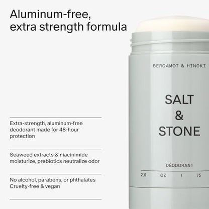 Salt & Stone Deodorant | Extra Strength Natural Deodorant for Women & Men | Aluminum Free with Seaweed Extracts, Shea Butter & Probiotics (Bergamot & Hinoki)
