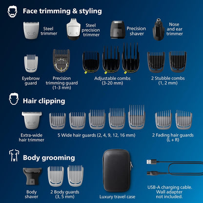 Norelco Philips Multigroom 9000 Series, All-In-One Trimmer, Beard Trimmer and Hair Clipper, 25-Piece/27-Length Men'S Grooming Kit for Beard, Face, Nose, Ear and Body, Travel Kit, MG9522/50