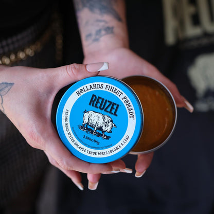 Reuzel Blue Pomade, Strong All Day Hold, Water Soluble Styling, High Shine and Flake Free, Easy to Wash Out, for All Hairstyles