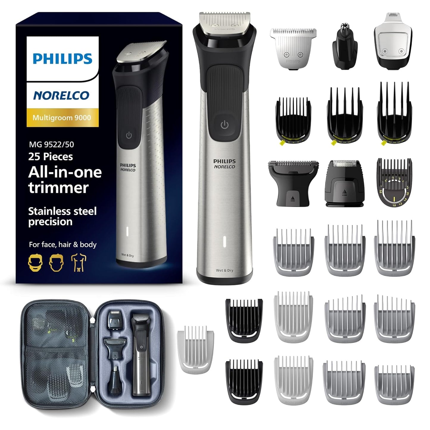 Norelco Philips Multigroom 9000 Series, All-In-One Trimmer, Beard Trimmer and Hair Clipper, 25-Piece/27-Length Men'S Grooming Kit for Beard, Face, Nose, Ear and Body, Travel Kit, MG9522/50