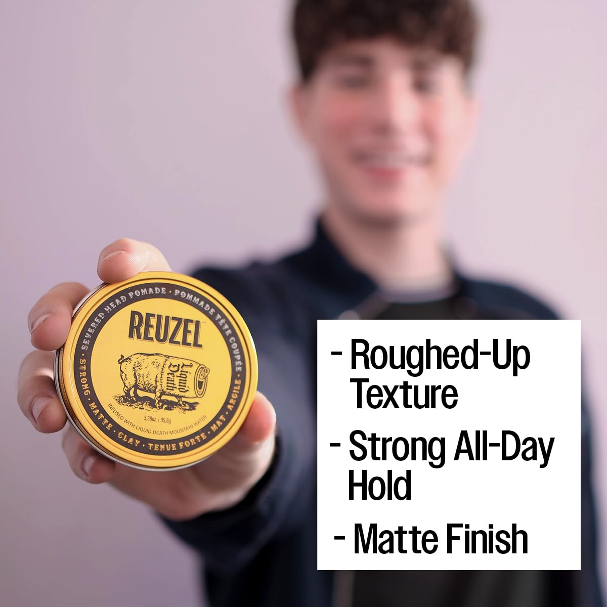 Reuzel and Liquid Death Severed Head Matte Clay Pomade, Strong All Day Hold, Water Soluble, Matte Finish and Non-Greasy Formula, Easy to Wash Out, for All Hair Types, 3.38 Oz