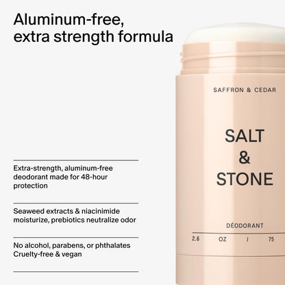 Salt & Stone Aluminum Free Deodorant | Extra Strength 48 Hour Protection for Women & Men | Made with Seaweed Extracts, Shea Butter & Prebiotics (Saffron & Cedar)