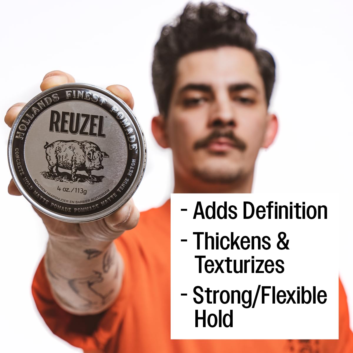 REUZEL Concrete Matte Pomade, Strong All Day Hold, Water Soluble Styling, Matte Finish and Flake Free, Easy to Wash Out, for All Hair Types
