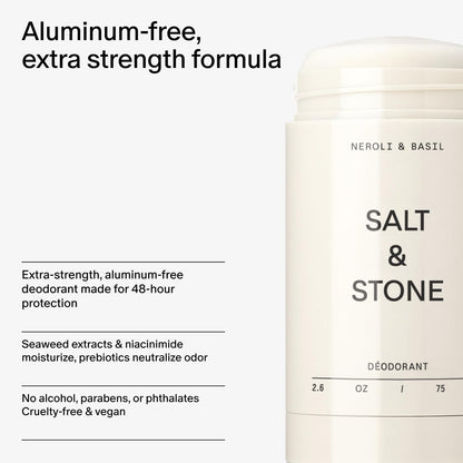 Salt & Stone Aluminum Free Deodorant | Extra Strength 48 Hour Protection for Women & Men | Made with Seaweed Extracts, Shea Butter & Prebiotics (Neroli & Basil)
