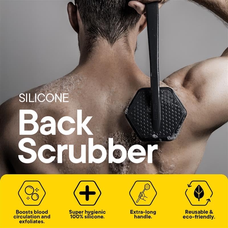 Tooletries Silicone Back Scrubber - Exfoliating Shower Brush, Back Washer for Men, Durable Back Brush with Long Handle - Long Lasting Bath & Shower Accessories - Charcoal