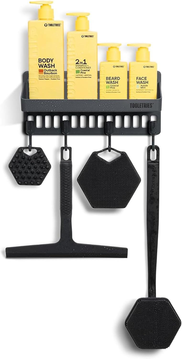 Tooletries Tool Wall Shower Caddy - Removable Resin Bathroom Storage Shelf with Hooks, Reusable Adhesive Wall-Mounted Shower Organizer, Storage, No Drilling, Holds up to 11Lbs (5Kg), Charcoal