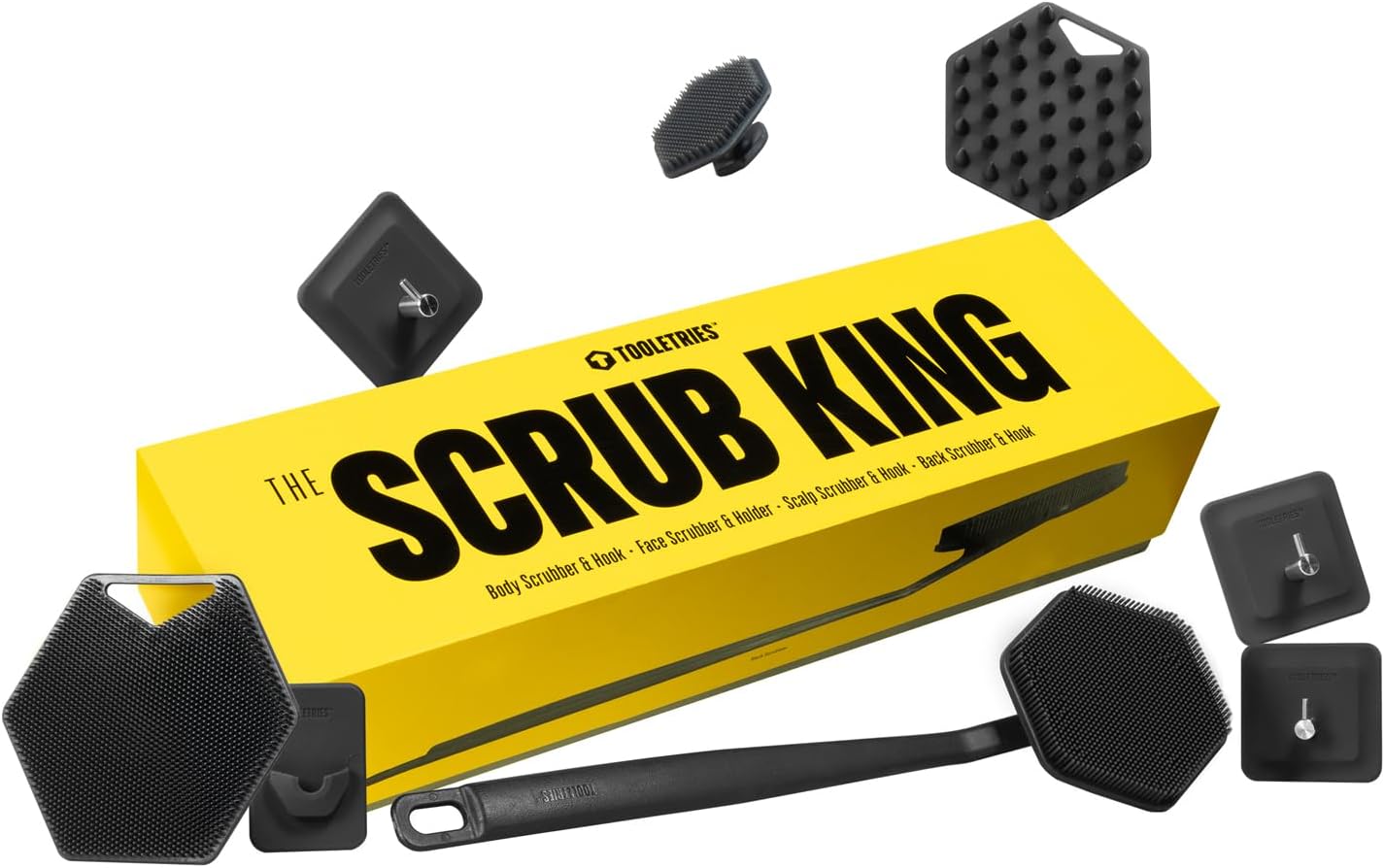 Tooletries the Scrub King - Men'S Silicone Body and Face Scrubber Set - Back Scrubber for Shower, Body Scrubbers, Storage Hooks, & Face Brush Holder - Shower Accessories for Men - Charcoal