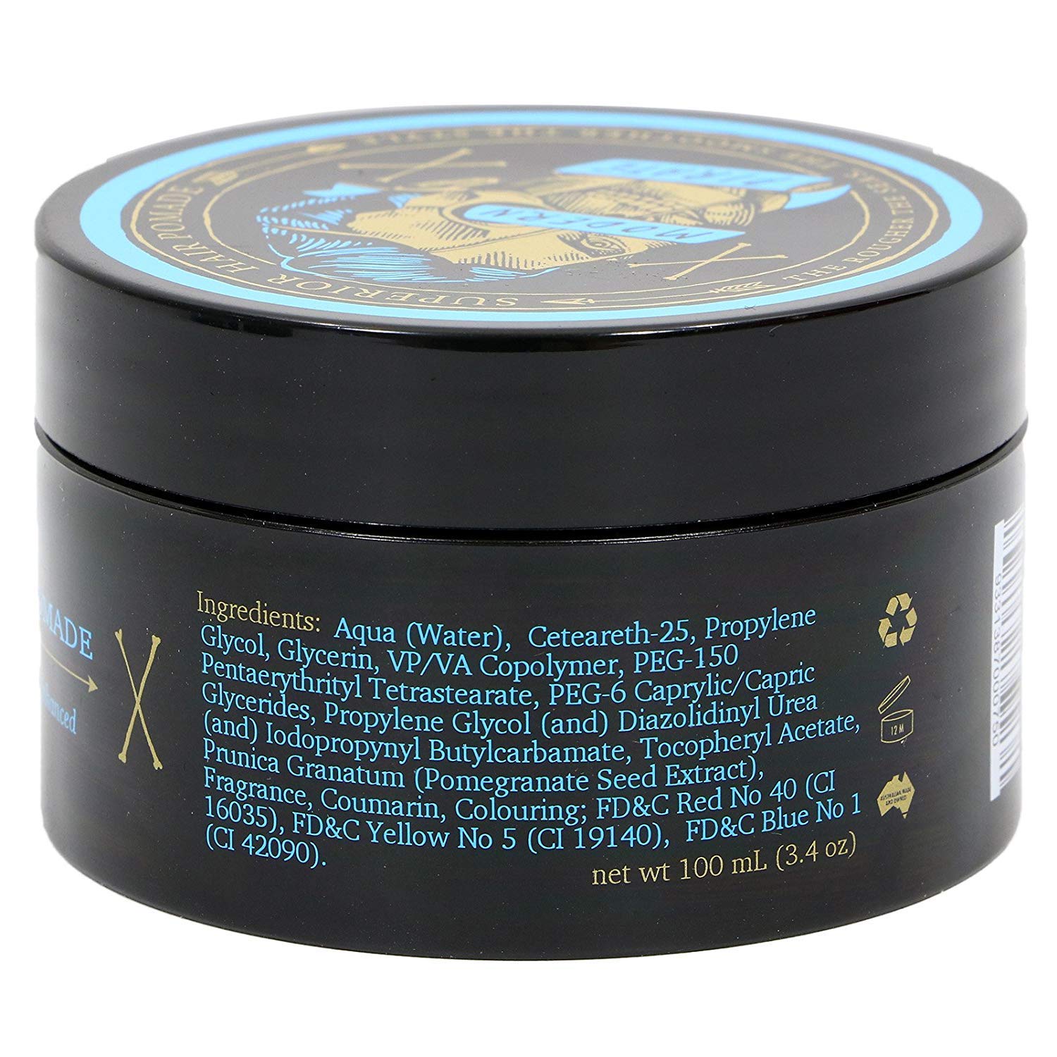 Modern Pirate Superior Hair Pomade 3.4 Oz - Medium Strong Hold & Medium Shine - Water Soluble & Naturally Enhanced