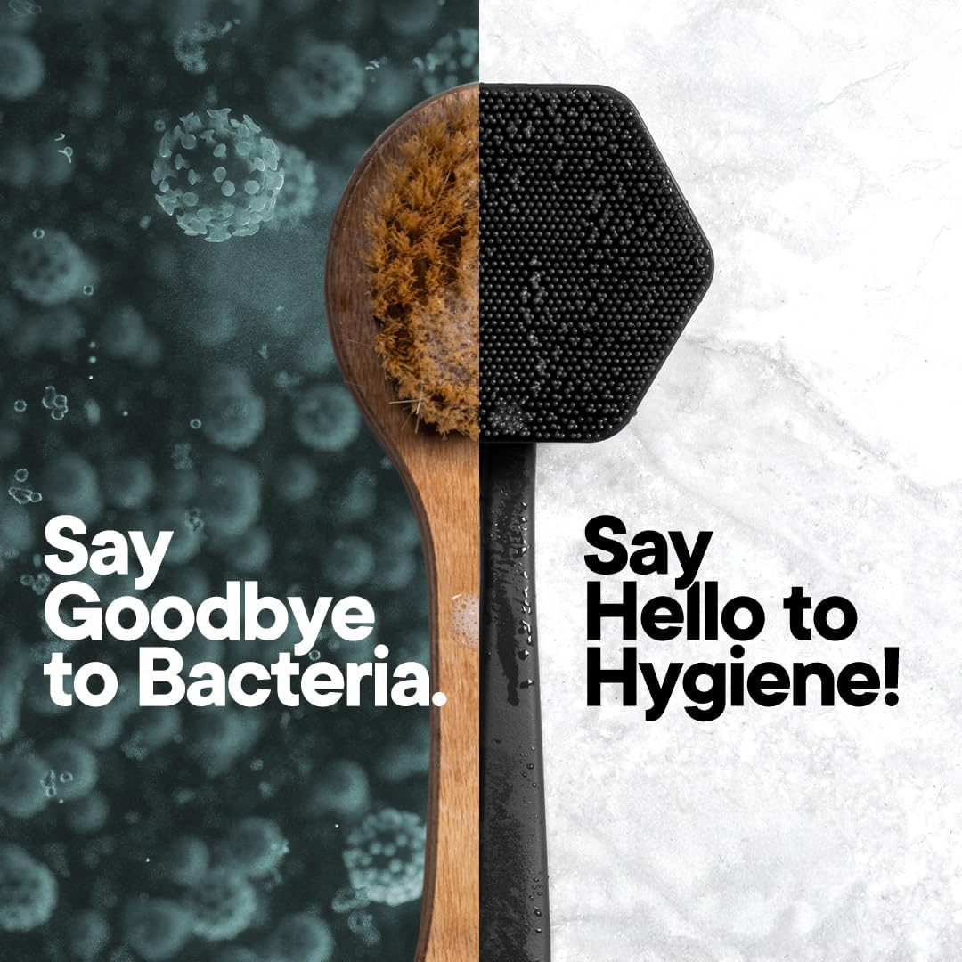 Tooletries Silicone Back Scrubber - Exfoliating Shower Brush, Back Washer for Men, Durable Back Brush with Long Handle - Long Lasting Bath & Shower Accessories - Charcoal