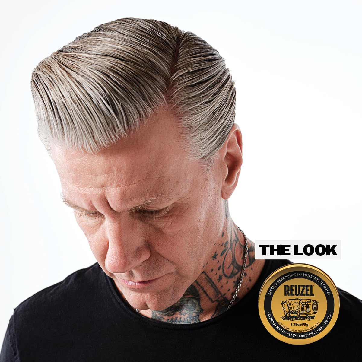 Reuzel and Liquid Death Severed Head Matte Clay Pomade, Strong All Day Hold, Water Soluble, Matte Finish and Non-Greasy Formula, Easy to Wash Out, for All Hair Types, 3.38 Oz