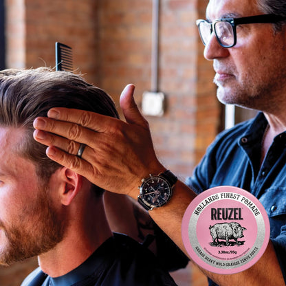 Reuzel Pink Grease Pomade, Strong All Day Hold, Oil-Based Styling Wax, Medium Shine and Flake Free, Easy to Wash Out, for All Hair Types, 1.3 Oz