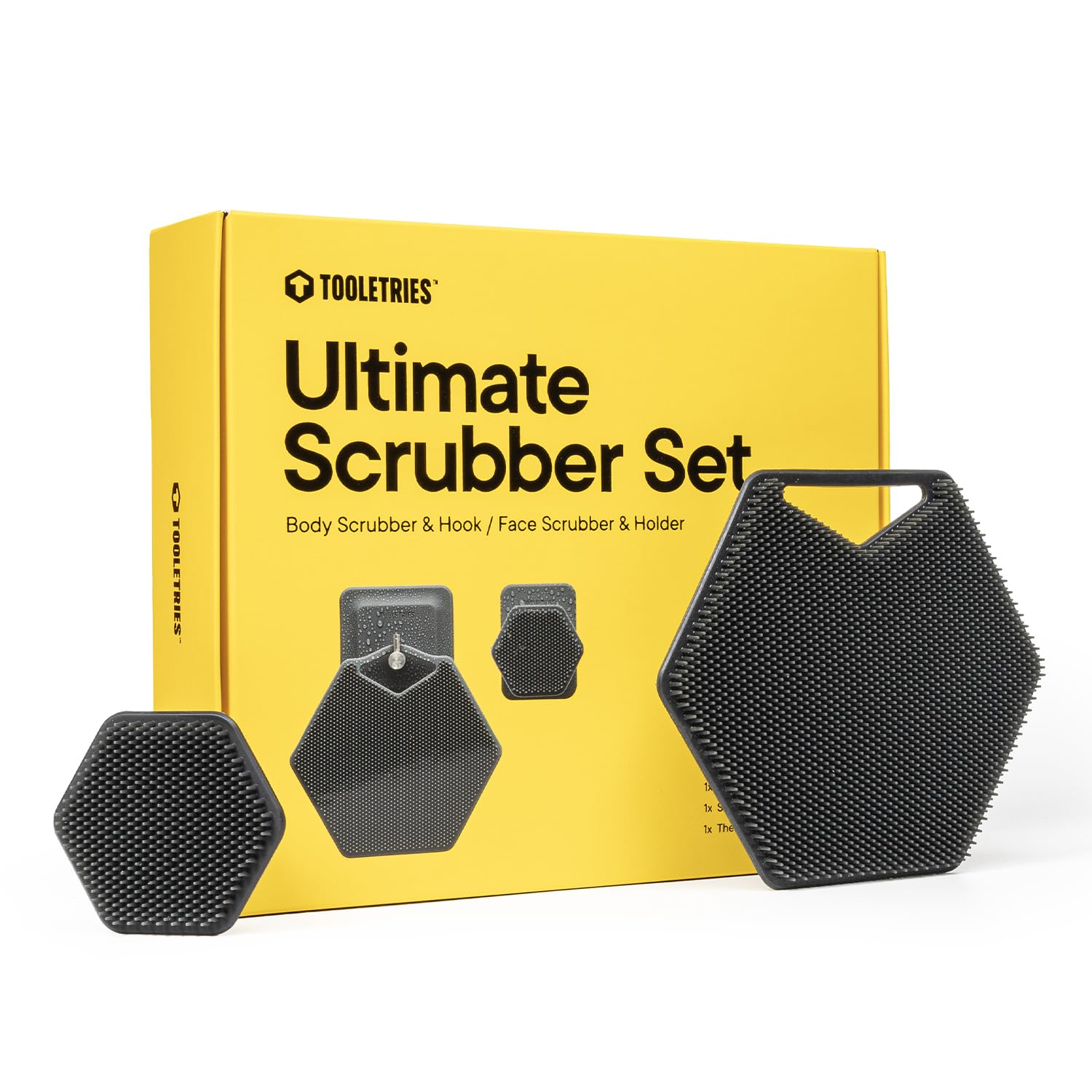 Tooletries the Ultimate Scrubber Set - with 2X Scrubbers & Holders - Silicone Toiletry Organizer, Shower & Bathroom Accessory - Features Silicone-Grip Technology, Removable & Reusable - Charcoal