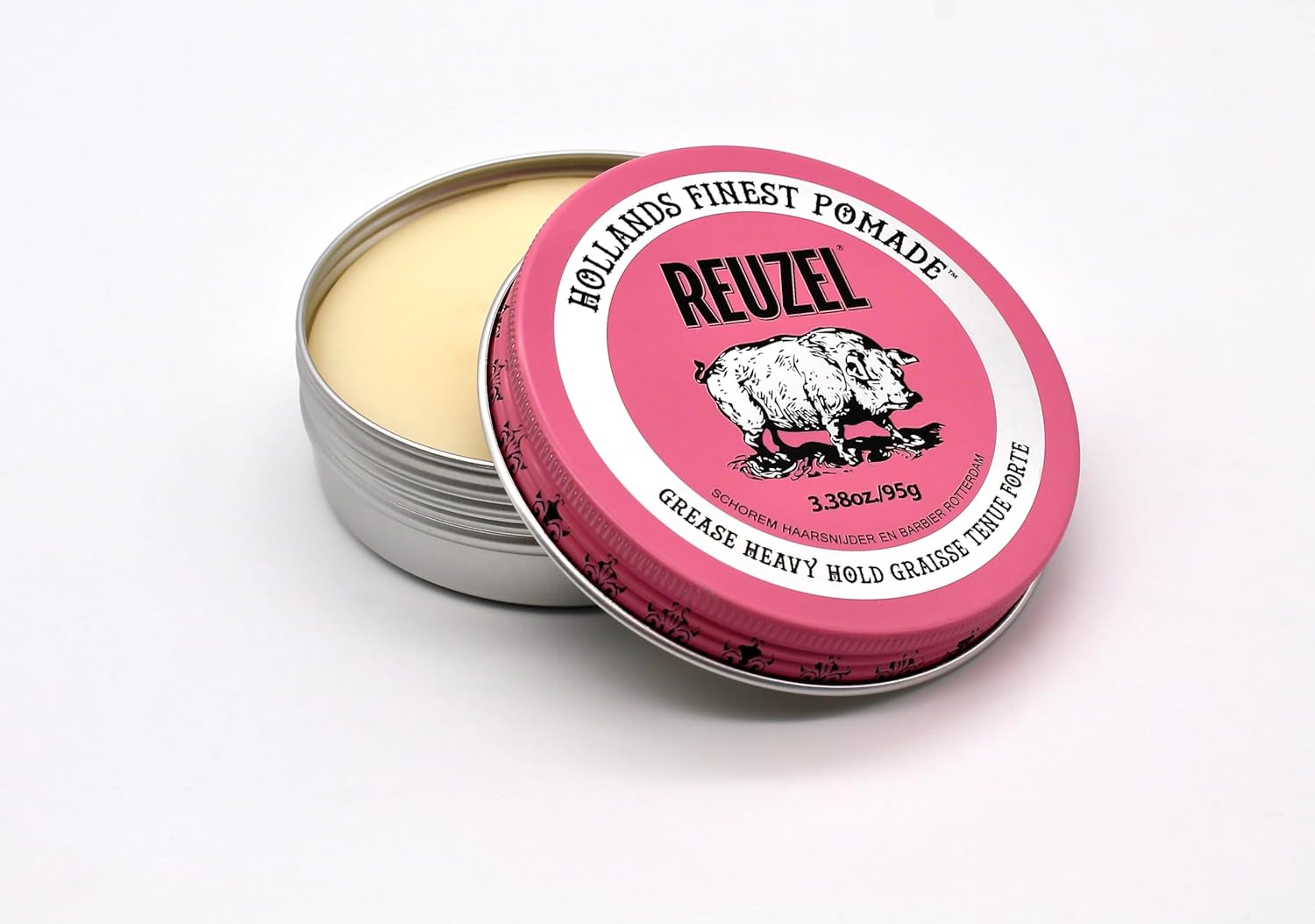 Reuzel Pink Grease Pomade, Strong All Day Hold, Oil-Based Styling Wax, Medium Shine and Flake Free, Easy to Wash Out, for All Hair Types, 1.3 Oz