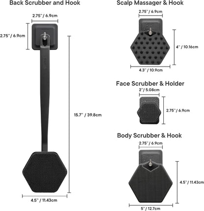 Tooletries the Scrub King - Men'S Silicone Body and Face Scrubber Set - Back Scrubber for Shower, Body Scrubbers, Storage Hooks, & Face Brush Holder - Shower Accessories for Men - Charcoal