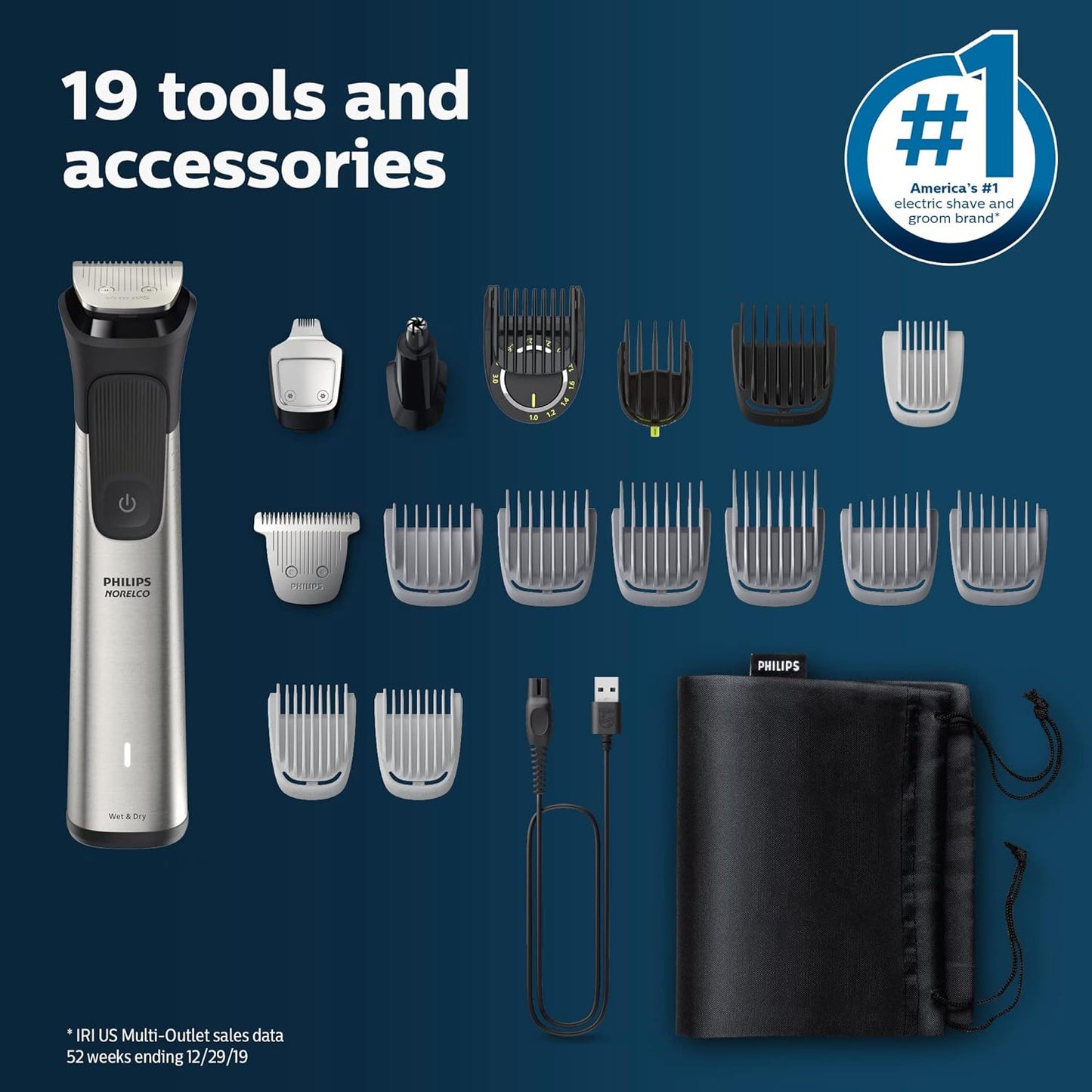 Norelco Philips Multigroom 7000 Series, All-In-One Trimmer, Beard Trimmer and Hair Clipper, 19-Piece Men'S Grooming Kit for Beard, Head, Hair, Body, and Face, Soft Pouch, MG7910/49