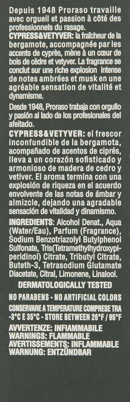 Proraso Eau De Cologne, Cypress and Vetyver, 3.4 Fl Oz