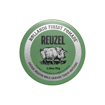Reuzel Green Grease Pomade, Medium All Day Hold, Oil-Based Styling Wax, Medium Shine and Flake Free, Easy to Wash Out, for All Hair Types, 1.3 Oz