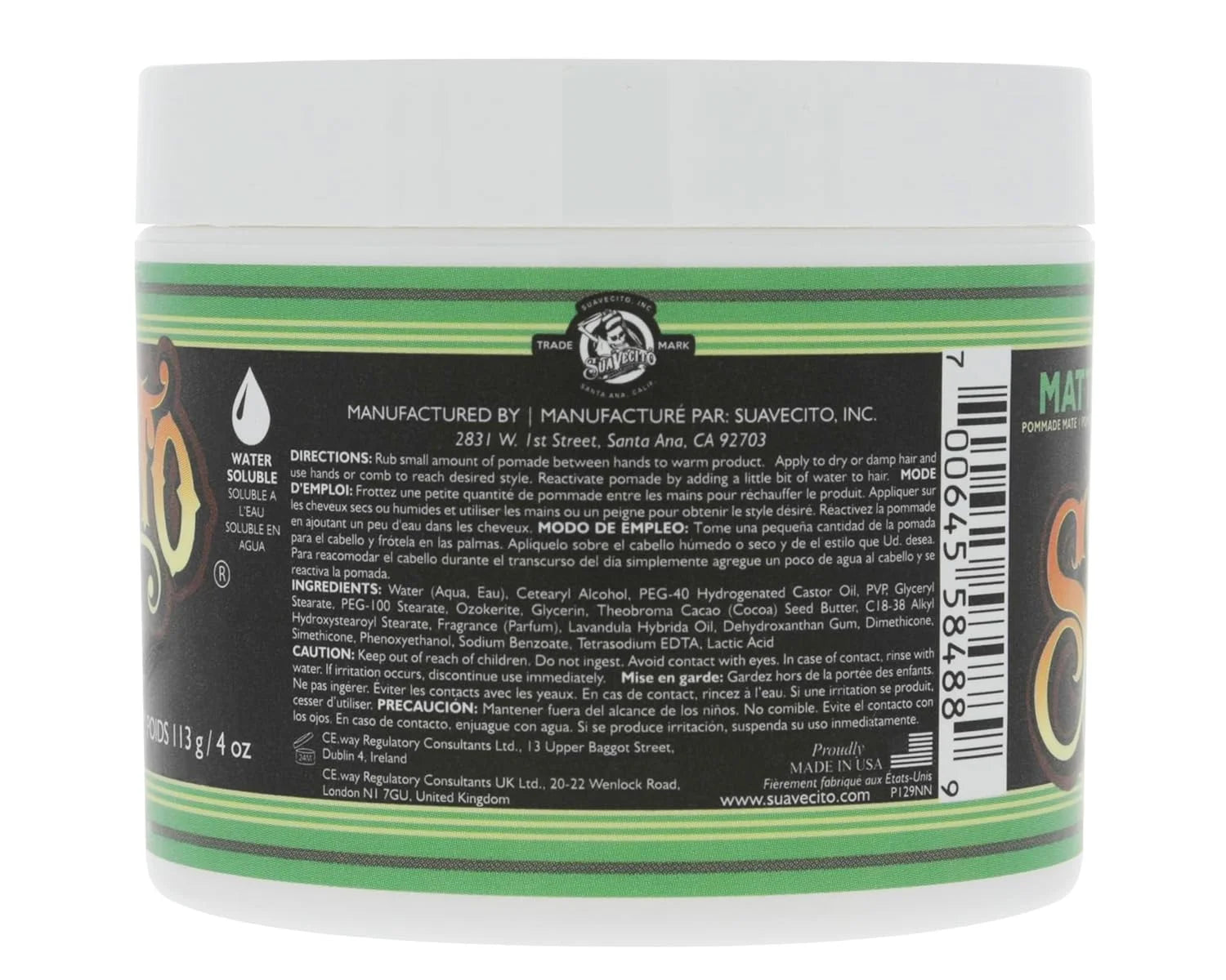 Suavecito Matte Pomade, for All Hair Types, Original Scent, Medium Hold, Men, 4 Oz