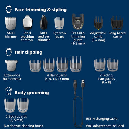 Norelco Philips Multigroom 7000 Series, All-In-One Trimmer, Beard Trimmer and Hair Clipper, 19-Piece Men'S Grooming Kit for Beard, Head, Hair, Body, and Face, Soft Pouch, MG7910/49