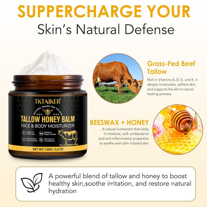 Beef Tallow for Skin, Beef Tallow for Face, Hydrating Tallow Balm with Raw Honey and Beeswax, Grass-Fed Beef Tallow & Raw Wild Honey Blend, Body & Face Moisturizer, Natural Formula, Light Scent