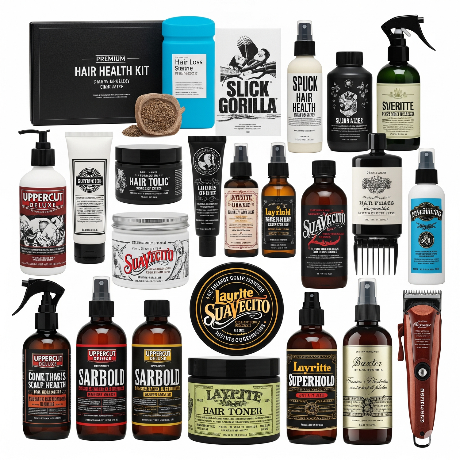 Collection of hair care products including bottles, jars, and boxes on a white background.